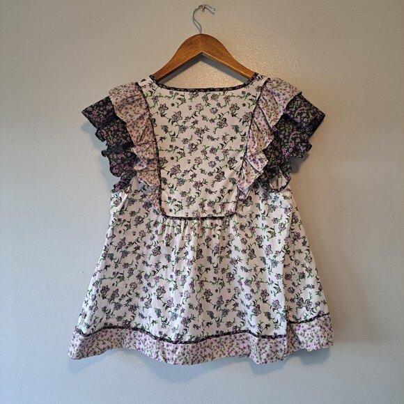 CAROLINA BELLE Montreal Purple Floral Cotton Flutter Sleeve Blouse Shirt Size S - Picture 7 of 11